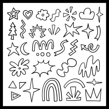 Doodle stili Grunge Hearts yıldız çizgileri ve ok vektör çizimi