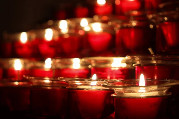 Closed Picture Red Candles Lit Arranged Neatly — Stock Photo, Image