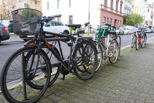 Bicycle are Parked and Locked Safely in the Side of The Street in Frankfurt, Germany