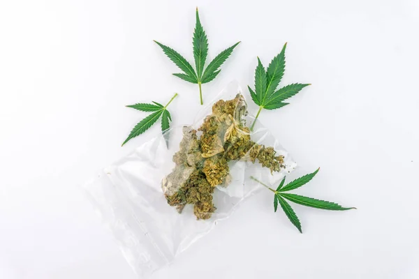 Borsa Con Boccioli Fiori Cannabis Foglie Marijuana Isolate Bianco — Foto Stock