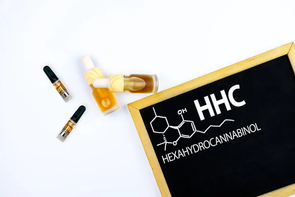 Flat Lay Cbd Oil Hhc Distillate Vape Hexahydrocannabinol Psychoactive Half — Fotografia de Stock