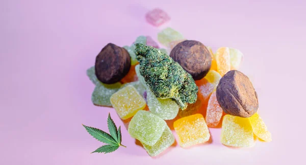 stock image Medical Marijuana Edibles, Candies Infused with CBD HHC or THC Cannabis in food industry