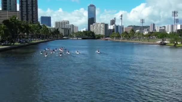 火奴鲁鲁 夏威夷 2022年10月30日 阿拉维运河独木舟比赛的俯视图 男子全速跑的时差 — 图库视频影像