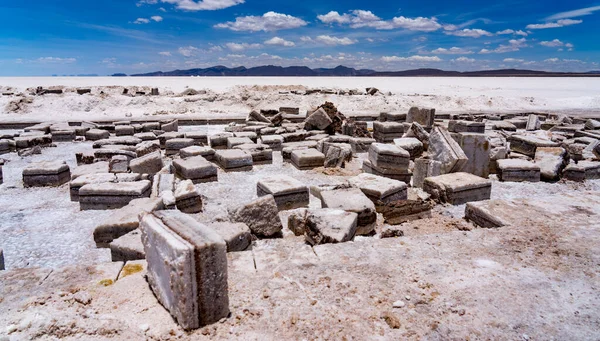 Blocks of salt are cut out of the Salt Flats in Bolivia for use by artists making salt statures.