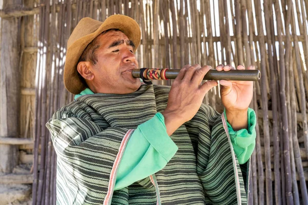 Moon Valley Bolivia 01162023 Man Plays Homemade Flute — Stock Photo, Image