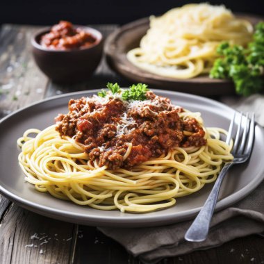 Et soslu ve çatallı spagetti.