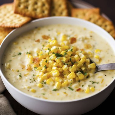 Bir kase mısır çorbası ve kraker.