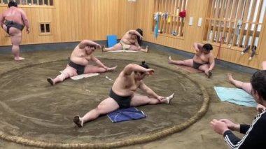 Sumo güreşçileri maçtan önce geleneksel bir dojo 'da esneyerek yarışmaya hazırlanıyorlar.