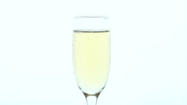 Çileğin şampanya bardağına düşmesi, temiz beyaz arka plana serinletici bir sıçrama yaratıyor.