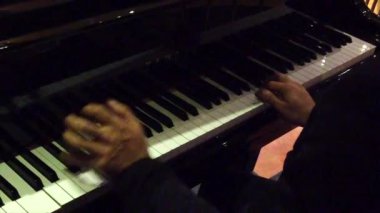 Siyah giyinmiş bir müzisyen sahnedeki muhteşem performansıyla seyirciyi büyüleyen bir piyano çalar.