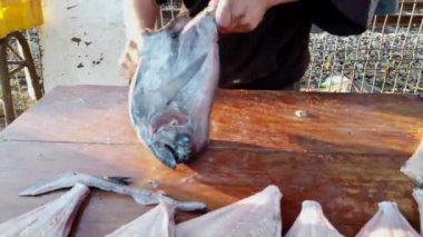Balıkçı ahşap bir masada taze balık filetosu ve hazırlıyor. Kemikleri ve deriyi ustalıkla temizliyor.