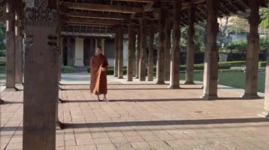 Budist keşiş, Kandy, Sri Lanka 'daki huzurlu bir tapınakta yürüyor. Süslü sütunlar ve huzurlu bir ortam ile çevrili.