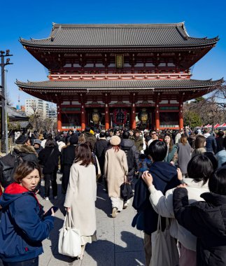 Ziyaretçiler açık mavi gökyüzünün altındaki tarihi Japon tapınağına akın ediyorlar.