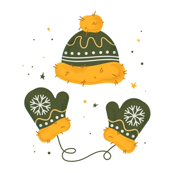 冬季羊毛手套和帽子 漂亮的黄色套装 温暖舒适的冬衣 用于寒冷的天气 与白色隔离 圣诞假期气氛 — 图库矢量图片