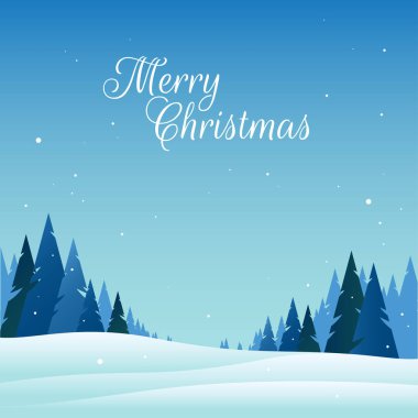 Çam ağaçları ve kar yağışı olan huzurlu bir Noel sahnesi. Mesajınız için boş alanı olan Kış Arkaplanı. Tebrik kartları ve poster için vektör tasarımı