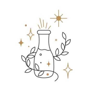 Sihirli iksir ya da zehirle bohem mistik şişesi. Doğal kozmetik, tıbbi bitkiler, homeopati, temel yağlar ve aromaterapi için beyaz arka planda izole edilmiş vektör çizimi