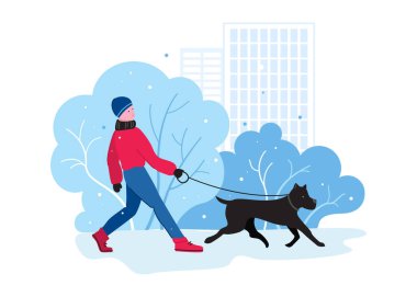 Bir çocuk kış parkında bir köpeği gezdirir. Köpeğini gezdir ayı. Parkta tasmalı bir köpeği gezdiren adamlar. Vektör illüstrasyonu