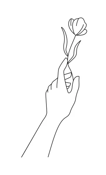 手が花を持っている 花と最小限の線形Boho手 手工芸品 ジュエリー 化粧品 美容室 マッサージ 結婚式のコンセプトイラストのベクトルロゴ ブランディング — ストックベクタ