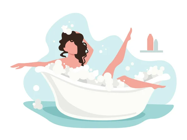用泡沫洗澡的女孩 女人在洗澡 卫生和美 国家泡泡浴日 — 图库矢量图片