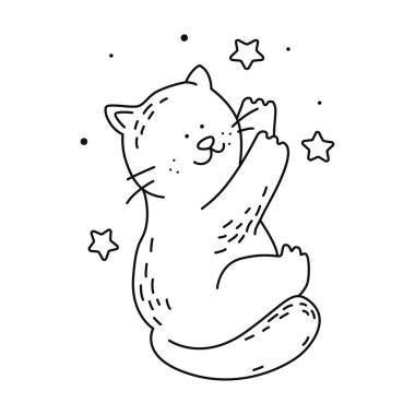 Mutlu kedi ve yıldızlar. Şirin kedicik. Çocuk kıyafetleri, tebrik kartları, posterler, çıkartmalar ve iç dekorasyon için uygun.