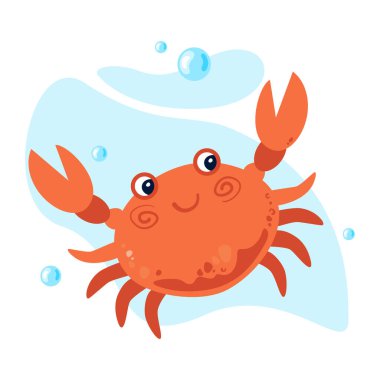 Beyaz arka planda izole edilmiş sevimli yengeç vektör düz çizimi. Çocuk kitapları, yetiştirme yurdu, kıyafetler, afişler, çıkartmalar, tebrik kartları ve davetiyeler için. Su faunası