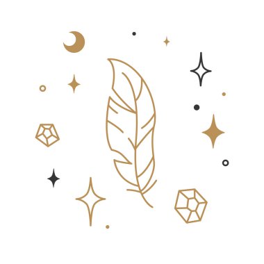 Yıldızlı, aylı ve kristalli mistik gökyüzü tüyü