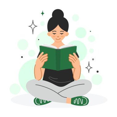 Young woman reading a book. Literacy day concept. National Reading Day in America. Study, training, concept of self-education. Student reading literature, textbook. Isolated vector flat illustration