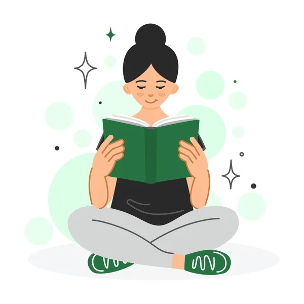 Young Woman Reading Book Literacy Day Concept National Reading Day — Stockvector