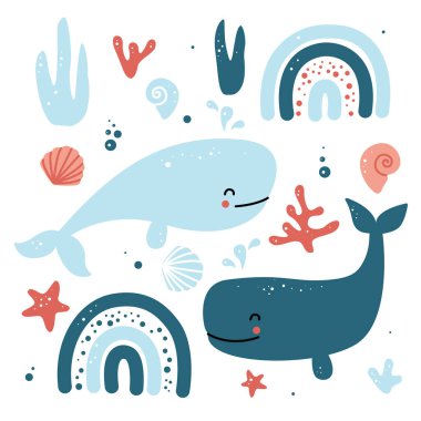 Okyanus sualtı vektörü çocuklar için deniz yaşamı elementleri dizayn edildi