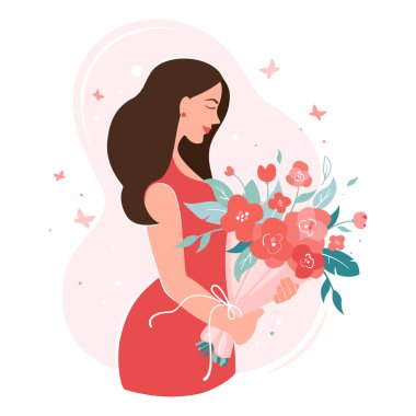 Happy beautiful girl holding flowers bouquet. Mother's day, Valentine's day, March 8 women's day concept. International Day of Happiness. Vector illustration isolated on white background