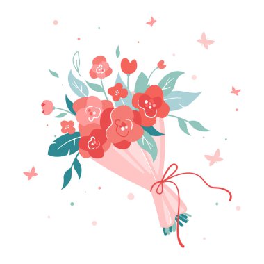 Red flowers, branches, leaves, butterflies. Mother's Day. Women's Day. Botanical vector illustration for design of postcard, wedding, sticker, print on various items, clothes