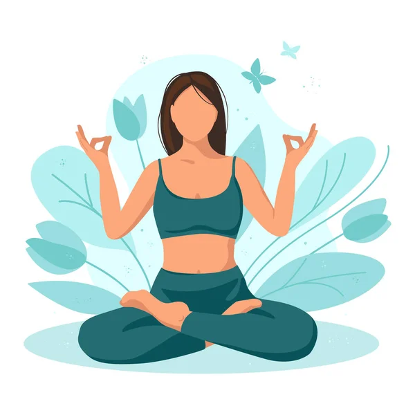 Yoga, meditasyon, rahatlama, dinlenme, sağlıklı yaşam tarzı, zen, uyum konsepti. Çizgi film tarzında vektör illüstrasyonu