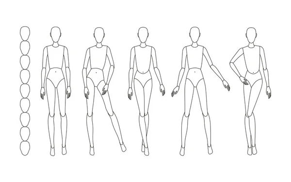 Modische Umrissvorlage Für Technische Modeskizzen Modelle Verschiedenen Posen Vektorillustration — Stockvektor