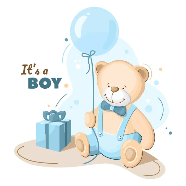 Rapaz Urso Bebé Balão Azul Hélio Ilustração Vetorial Para Cartões — Vetor de Stock