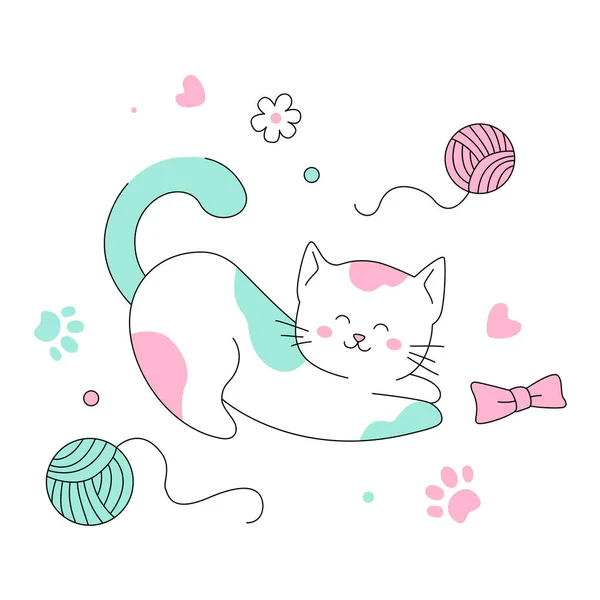 Ein Fröhliches Kätzchen Spielt Mit Einem Bogen Und Fadenbällen Vektor — Stockvektor