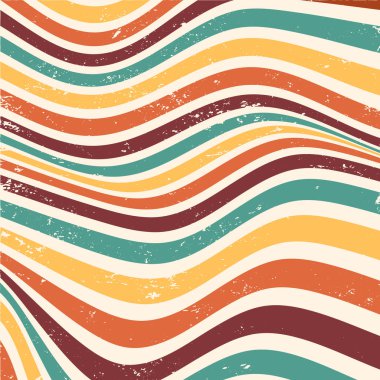 Wallpaper in vintage style with rainbow stripes, wavy shapes, grunge. Abstract colorful 70s vector texture in trendy retro psychedelic style for banner, poster, social media posts, wall art, cards clipart