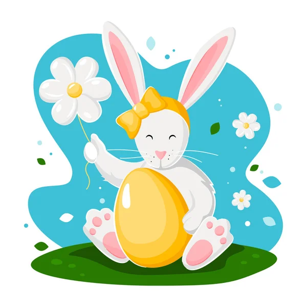 Bright Spring Illustration Cute White Rabbit Easter Egg Balloon Daisy — Stock Vector