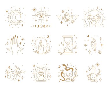 Büyücülük, cadı esrarengiz simya, dövme, boho stili. Vektör illüstrasyonu beyaz arkaplanda izole edildi