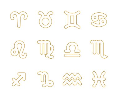 Minimalist doğrusal dizaynda astrolojik semboller. Oğlak, Kova, Balık, Koç, Boğa, İkizler, Kanser, Aslan, Başak, Terazi, Akrep. Vektör illüstrasyonu beyaz arkaplanda izole edildi