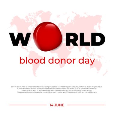 Dünya kan bağışı günü. Soyut kan damlası olan farkındalık posteri, arka planda harita ve metin için yer. Vektör illüstrasyonu
