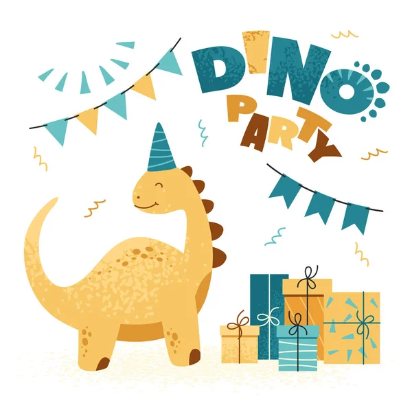 Niedlicher Dinosaurier Mit Fahnen Geschenken Und Aufschrift Dino Party Set — Stockvektor
