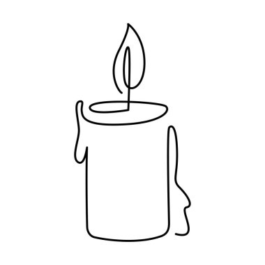 Bir mum yanıyor. Mum çizimi aralıksız bir çizgide. Logotype. Bir satır sanat eseri. Minimalizm. İzole edilmiş. Vektör illüstrasyonu