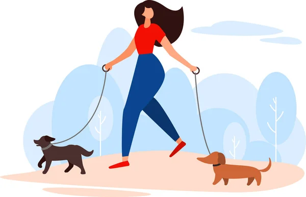 女孩用皮带牵着狗散步 宠物狗爱好者 带着小狗在公园里散步 教狗狗执行命令 从庇护所收养动物 平面样式的矢量图解 — 图库矢量图片