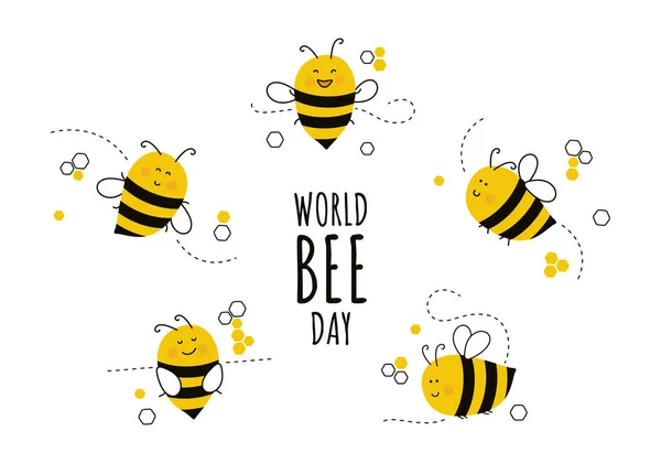 stock vector Cute, happy, funny bees and honeycomb. International Bee Day. Vector illustration for flyer, banner, poster, stickers, baby shower, postcard, logo design, etc