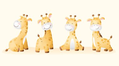  Bebek zürafalar pozu veren sevimli çocuklar. Safari hayvanı. Afrika yaban hayatı. Bebek partisi için komik çocuksu karakterler, tebrik kartı, baskı, davetiye, yeni doğan için kıyafetler. İzole vektör