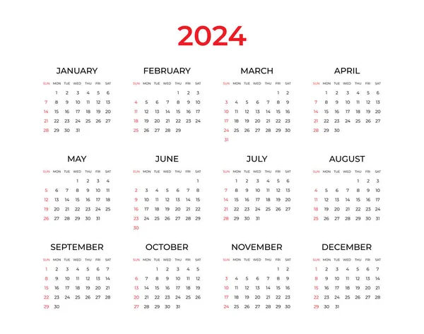 Kalender 2024 Eenvoudig Minimaal Ontwerp Week Begint Zondag Planner Ontwerp — Stockvector
