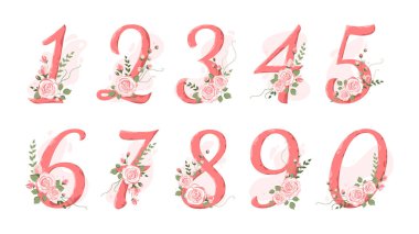 0 'dan 9' a kadar olan koleksiyon numaraları. Güller, dallar ve yapraklarla süslenmiş. Bir bebeğin hayatının ilk yılı için, düğün davetiyeleri ve doğum günü kartları. Bebek kilometre taşı