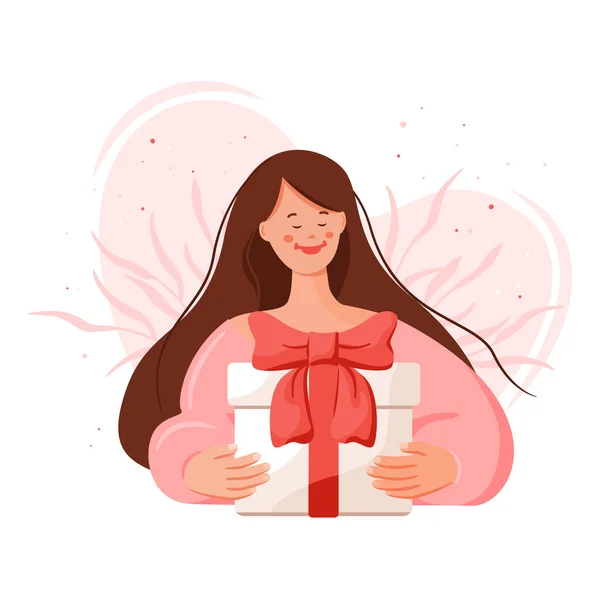 stock vector Smiling young woman holding wrapped present with ribbon. Greeting with special occasion. Vector illustration for birthday celebration, festive event, presents, fun, loyalty program for regular client