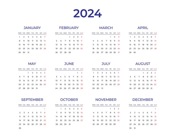 Modelo Calendário 2024 Semana Começa Partir Segunda Planejador Papelaria Impressão — Vetor de Stock