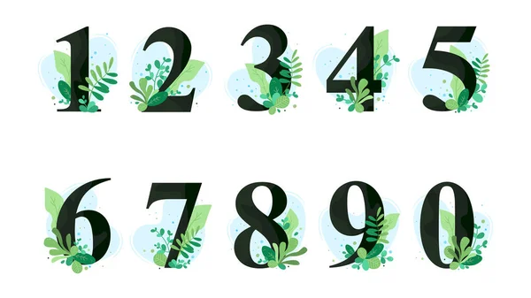 stock vector Digits 1, 2, 3, 4, 5, 6, 7, 8, 9, 0 with botanic leaves. Natural style. Vector elements for wedding invitations, birthdays, save the date cards, logos, posters